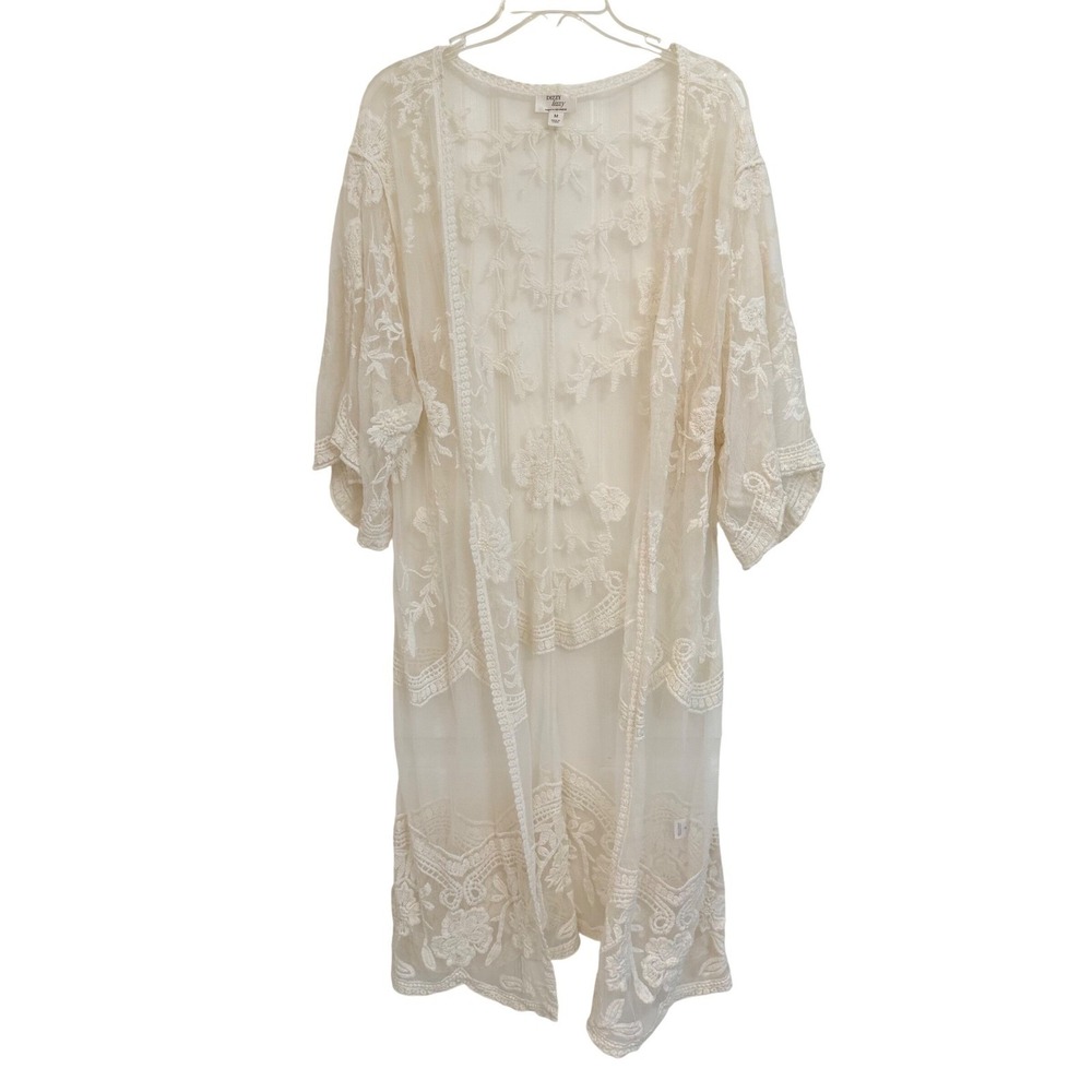 Dizzy Lizzy Ivory Floral Embroidered Lace Boho Fairy Kimono Duster Cardigan M